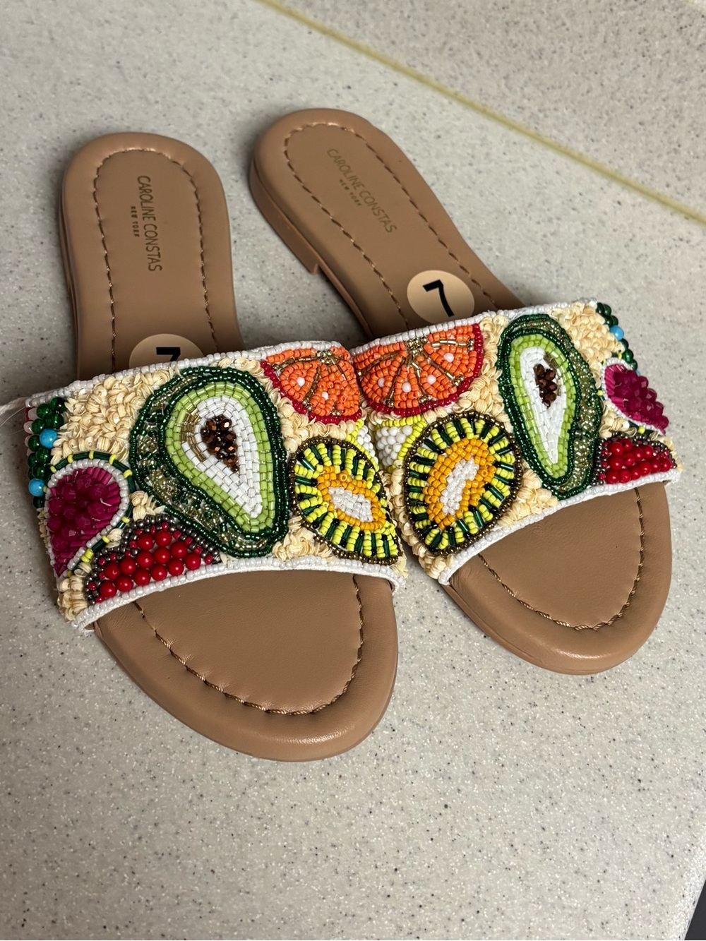 Caroline Constas Womens Summer Beaded Fruit Sandals Slides Sz 7 New